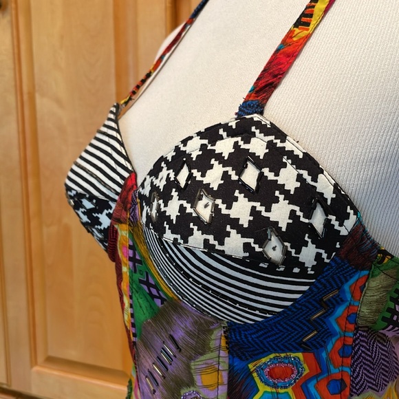 Vintage Vibe Boho Retro Beaded Bold Pattern Sebatu Hand- Print Halter Top Size M - Picture 6 of 11